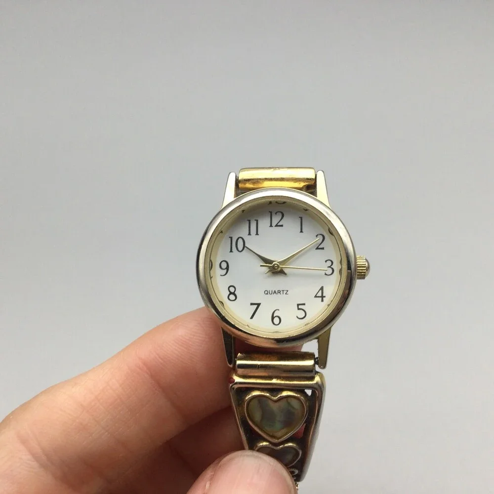Vintage Abalone Heart Watch Womens 24mm Gold Tone Stretch Band New Battery - Picture 9 of 14